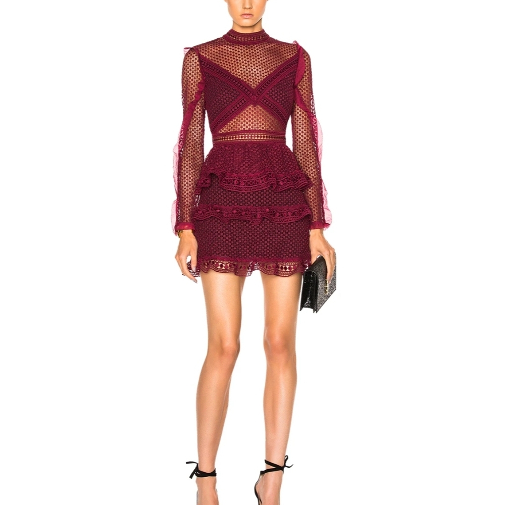 Self-Portrait Burgundy Long Sleeve Lace Dress